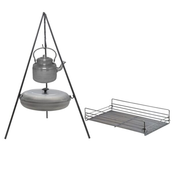 Cauldron Campfire Cooking Set with Tripod, Grill, Pan & Kettle – Complete Outdoor Cooking Gear, 4-Piece