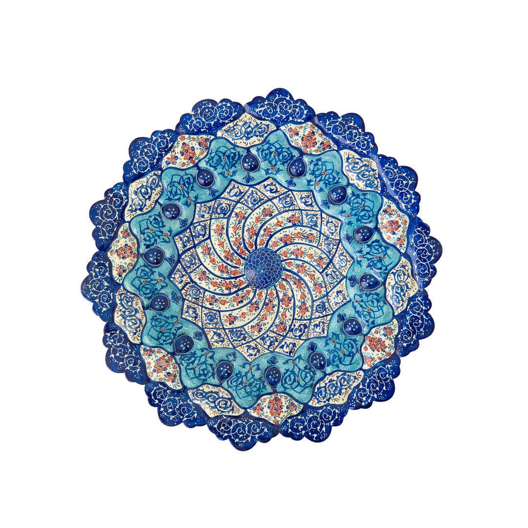 Persian Minakari Decorative Copper Plate – Hand-Painted with Intricate Blue Floral