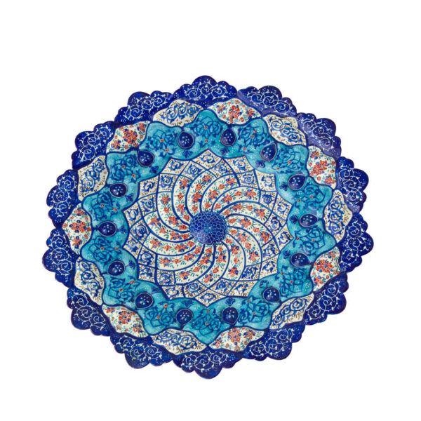 Persian Minakari Decorative Copper Plate – Hand-Painted with Intricate Blue Floral