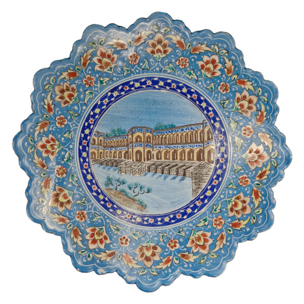 Persian Minakari Decorative Copper Plate – Hand-Painted with Intricate Floral Design in Blue