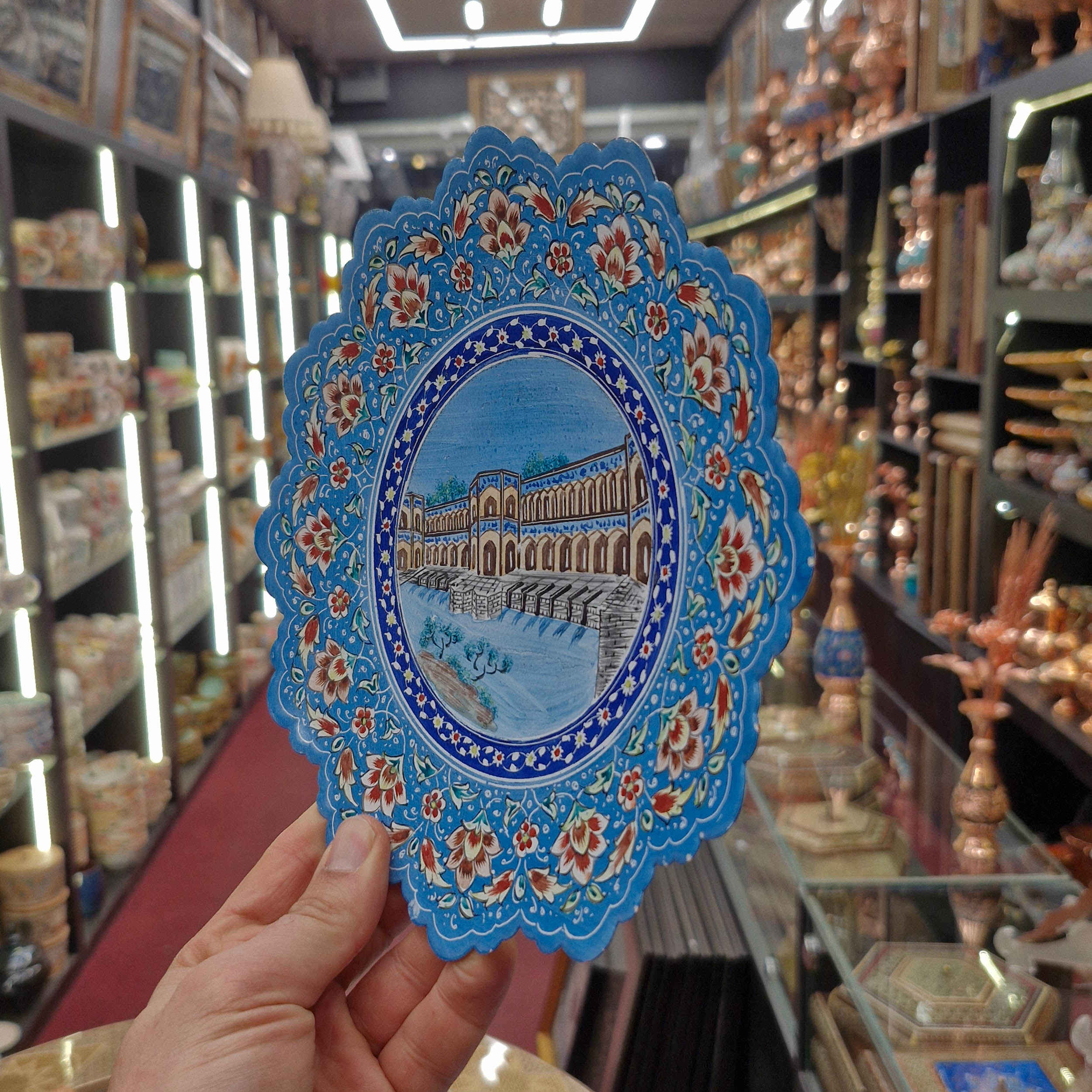 Persian Minakari Decorative Copper Plate – Hand-Painted with Intricate Floral Design in Blue