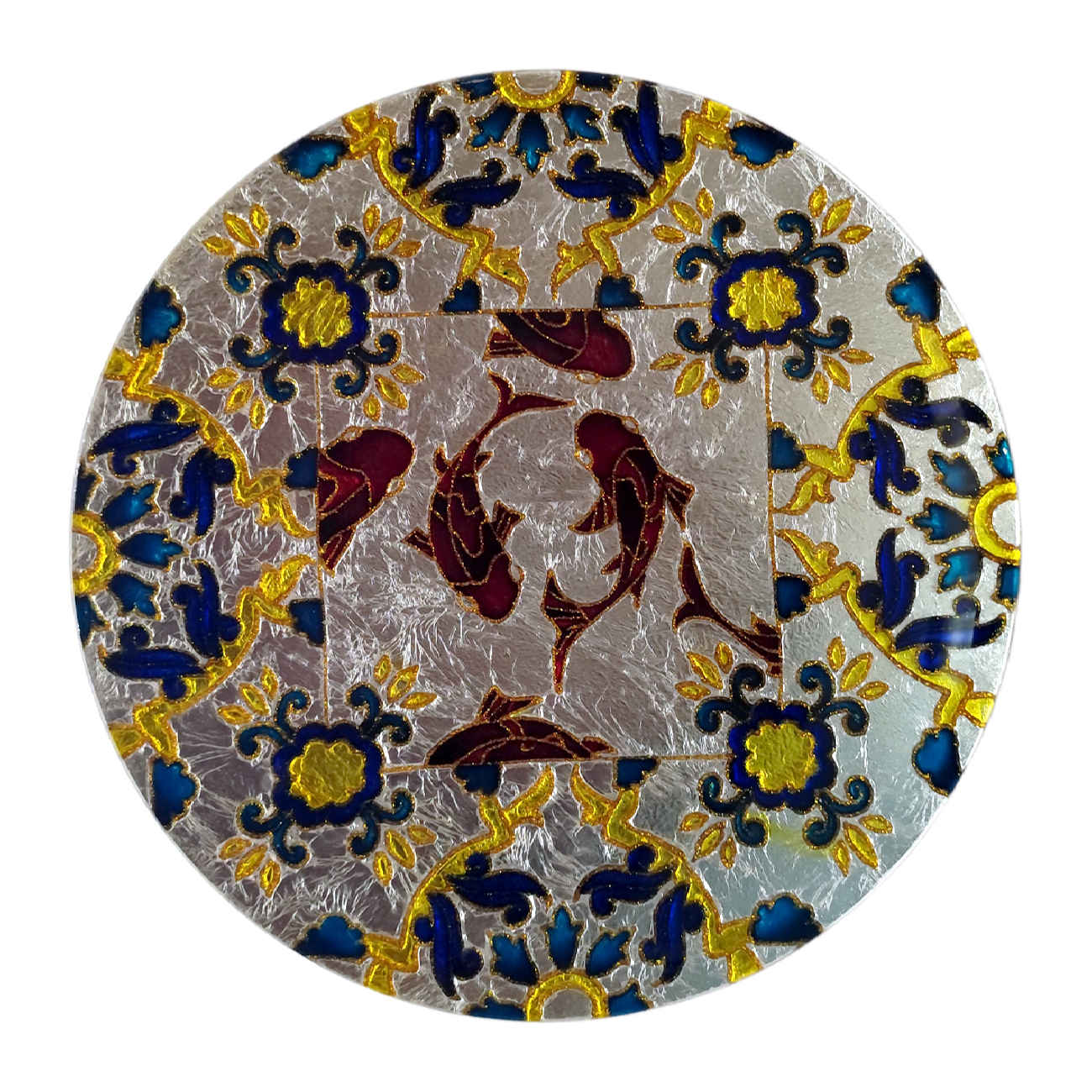 Decorative Glass Plate - Hand-Painted with Vitreous Art & Fish Pond Design