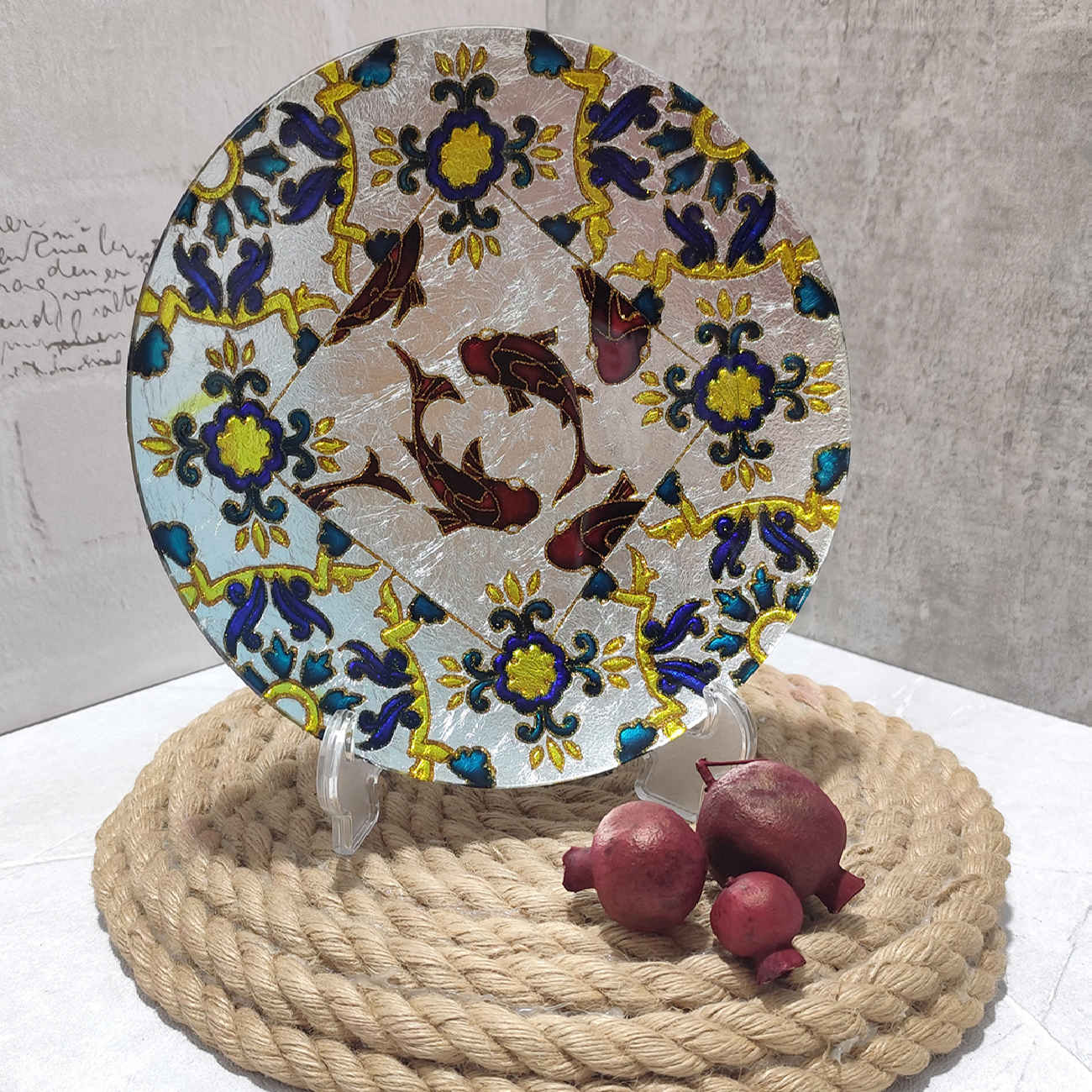 Decorative Glass Wall Plate – Hand-Painted with Vitreous Art & Fish Pond Design