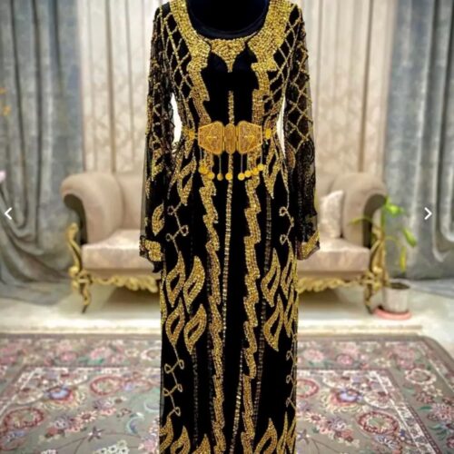 black and gold embroidered dress Salam Manjal Embroidered Thoub Modest Fashion Dress