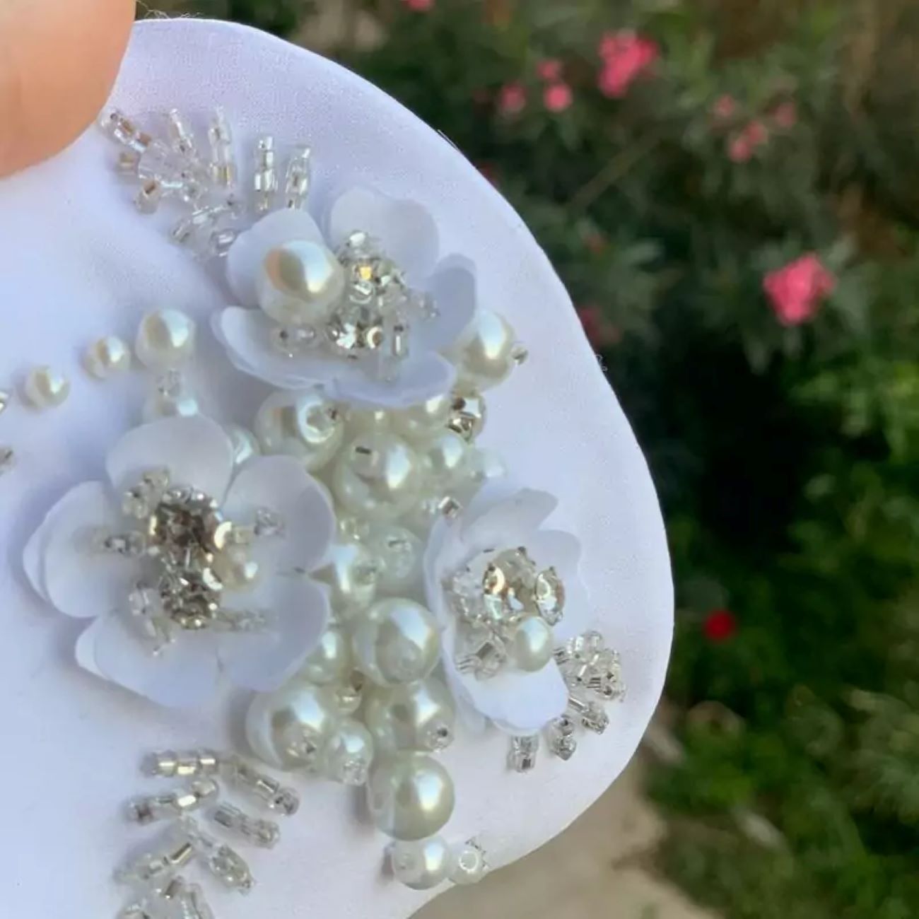 Face Mask Satin Fabric Quality, Pearls and Flowers Design