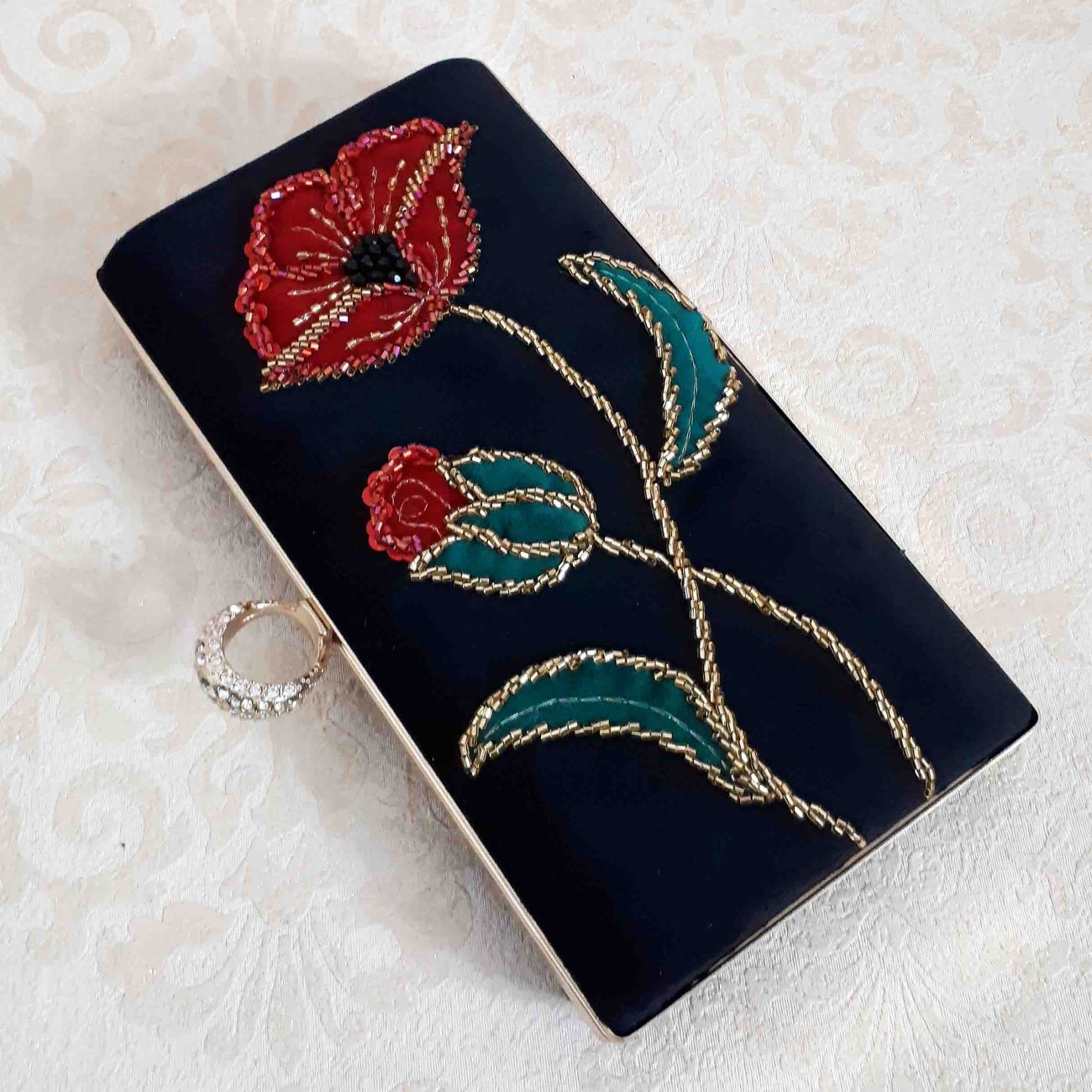 Hand-Beaded Clutch Bag with Red Rose Design – Unique & Elegant