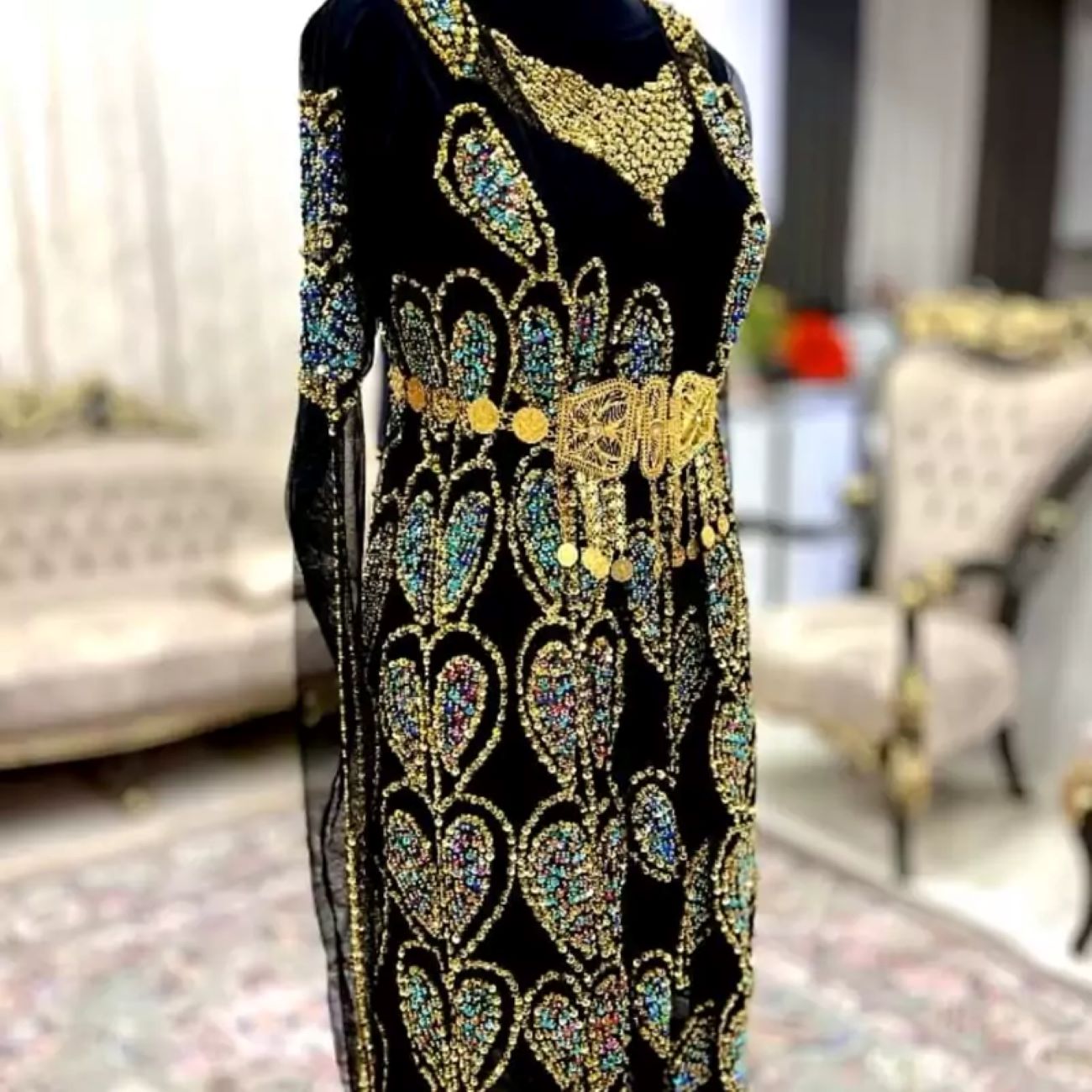 handmade embroidered dress Blue Viking Dress with Hand Embroidered Trim main image 1