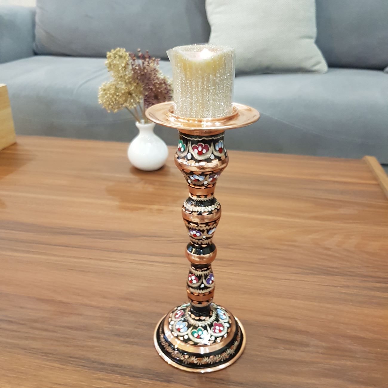 Handcrafted Mina Kari Enamel on Copper Long Base Candle Holder