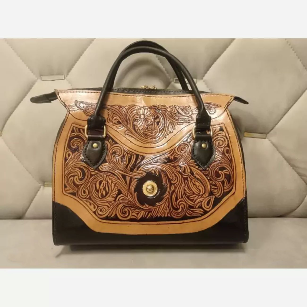 Handcrafted Natural Leather Bag – Hand Engraved, Painted, and Stitched with Intricate Carving Design