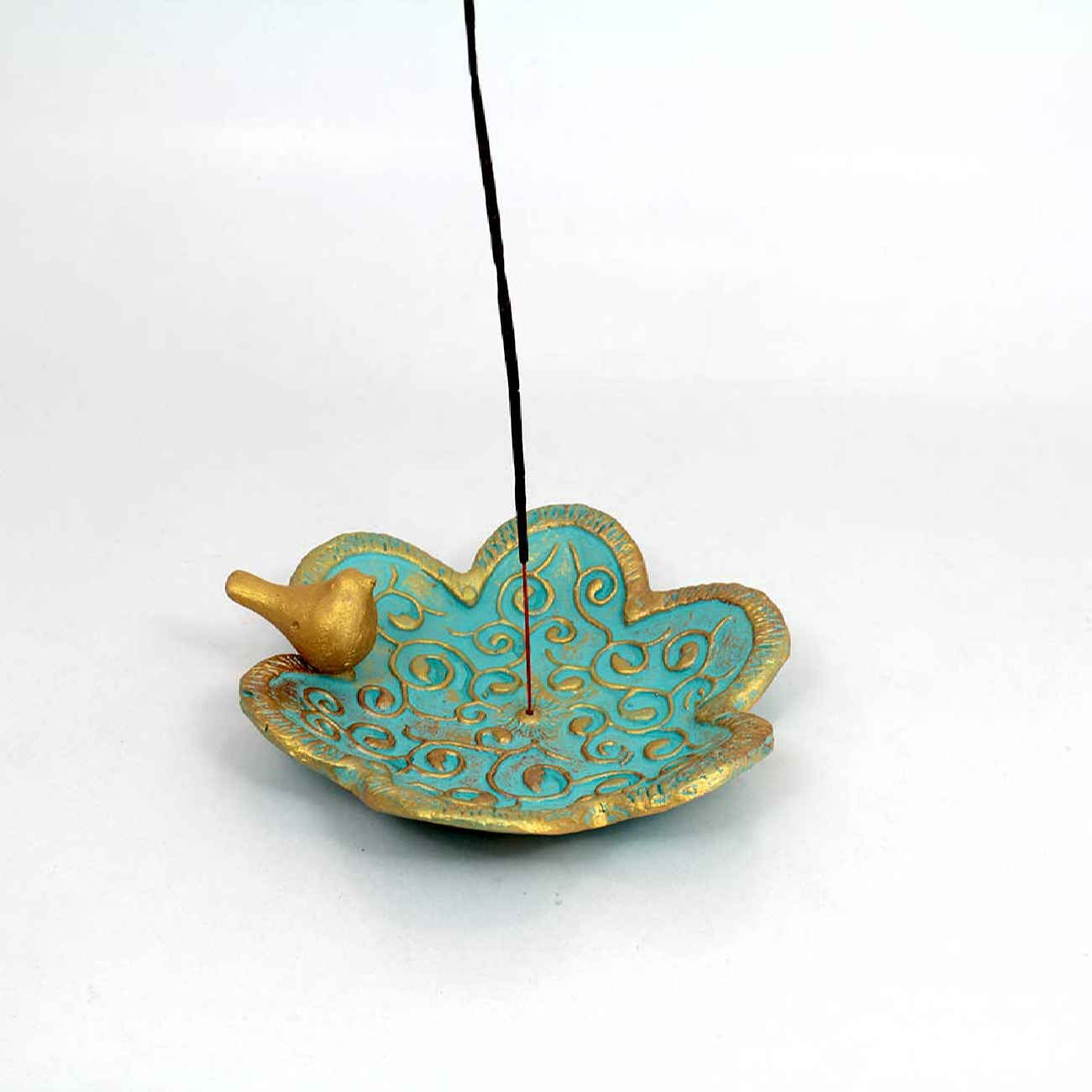 Handcrafted Pottery Incense Holder – Bird & Flower Design in Turquoise