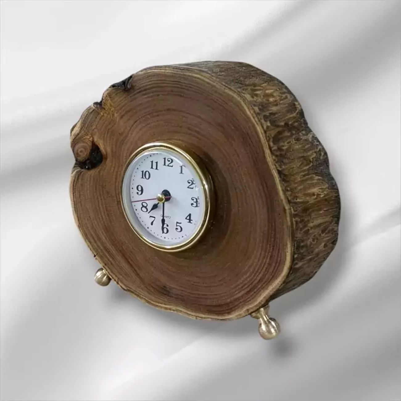 Handcrafted Rustic Wooden Desk Clock with Deformed Design and Brass Base