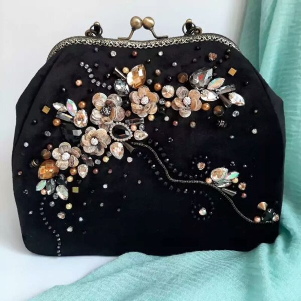 Hand Beaded Clutch Bag Floral Design in Black Color – Timeless Design