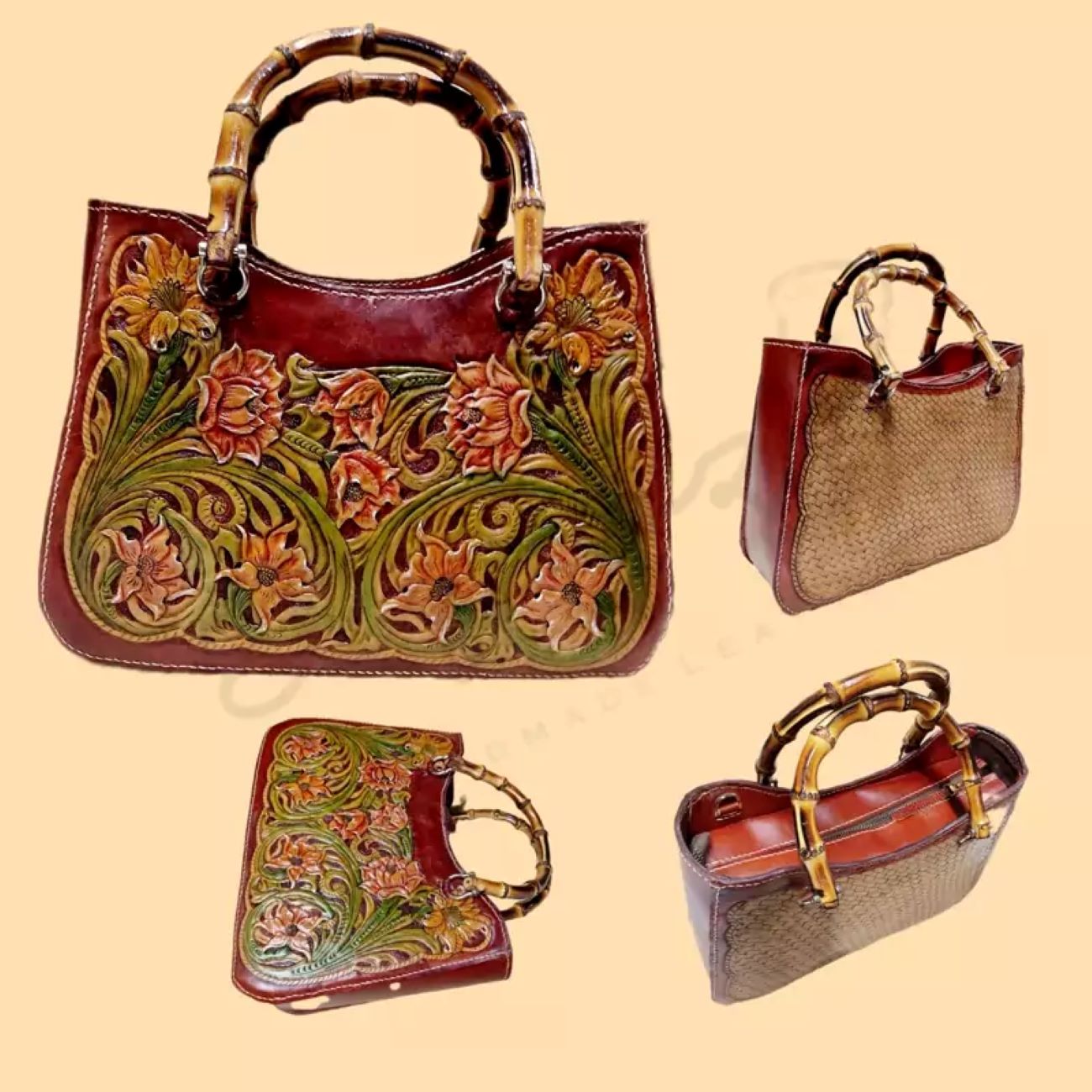 Handmade Genuine Cowhide Leather Bag – Detailed Carving, Stitched with Bamboo Wood Handle