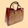 Handmade Genuine Cowhide Leather Bag – Detailed Carving, Stitched with Bamboo Wood Handle