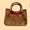 Handmade Genuine Cowhide Leather Bag – Detailed Carving, Stitched with Bamboo Wood Handle