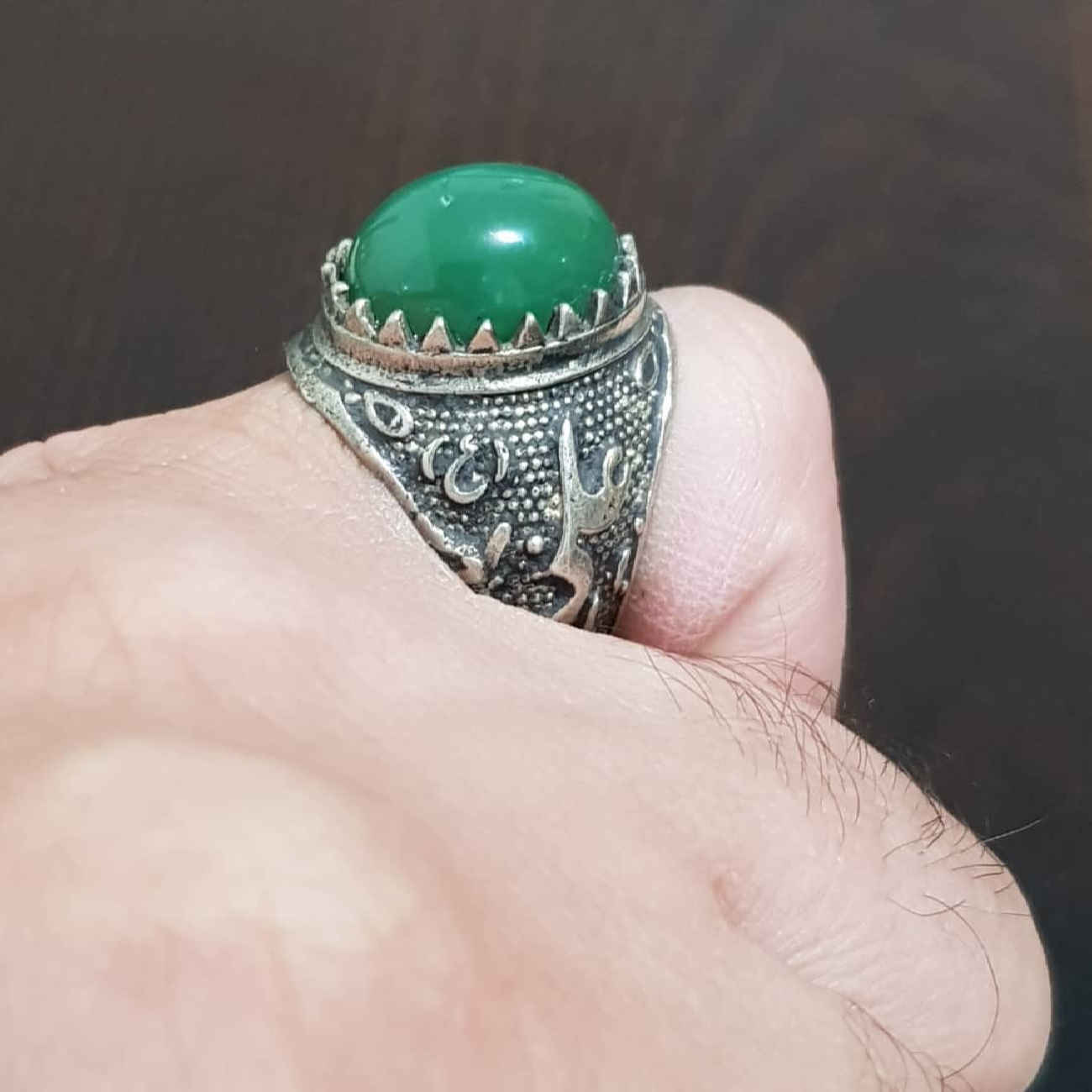 Islamic Yemeni Agate Silver Ring for Men with Green Gemstone & Ya Ali Design