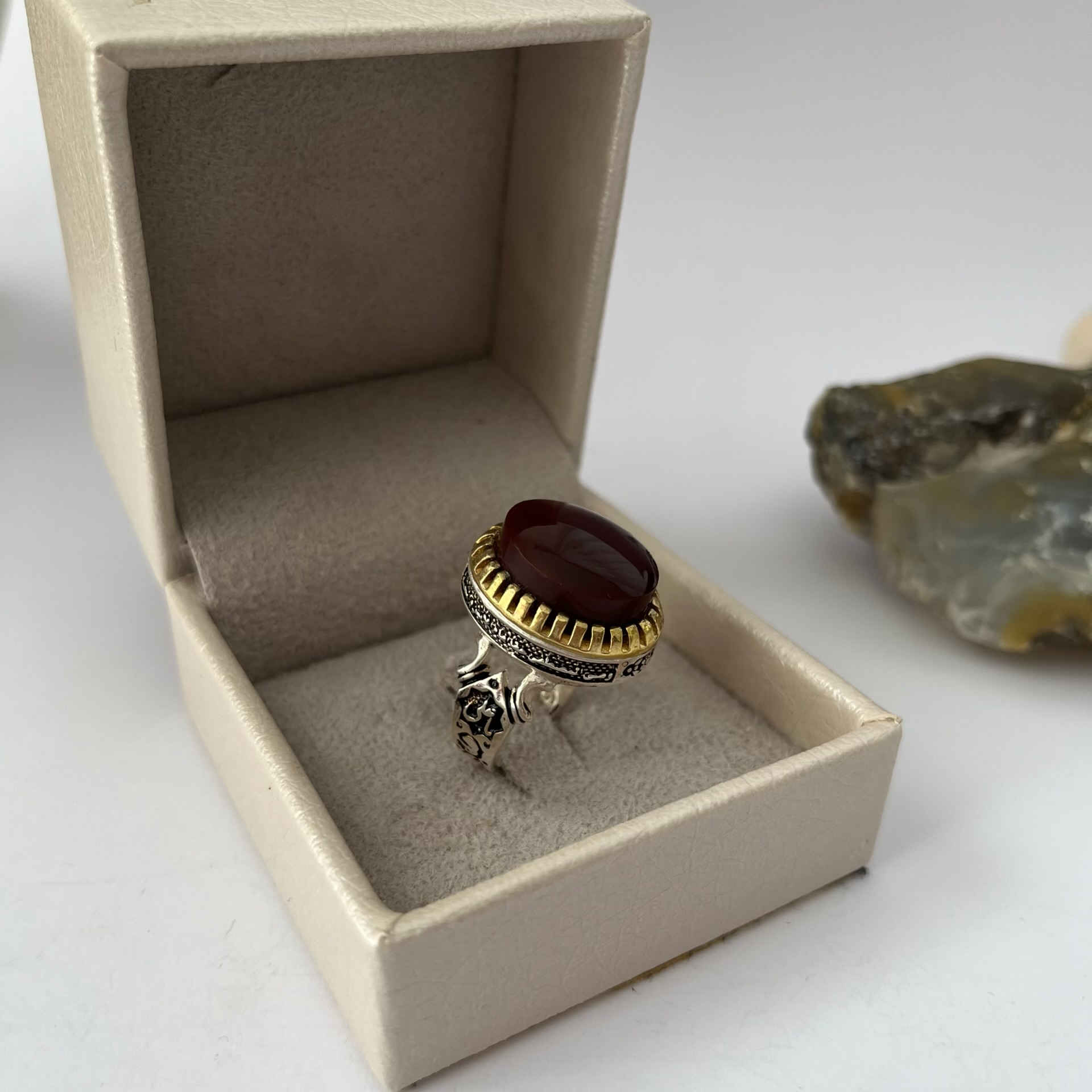 Islamic Yemeni Agate Silver Ring for Men with Red Gemstone & Ya Ali Design