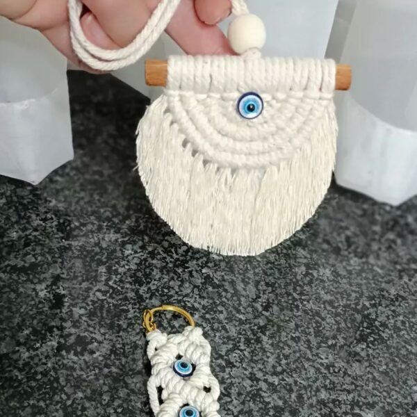 Keychain and Car Mirror Hanging Macrame Set  with Evil Eye Design