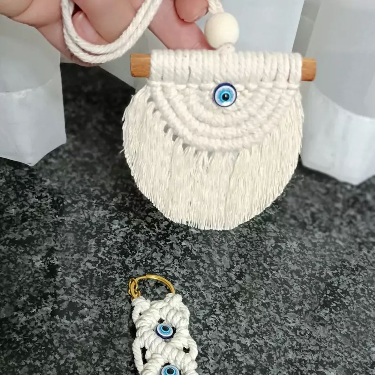 Keychain and Car Mirror Hanging Macrame Set  with Evil Eye Design