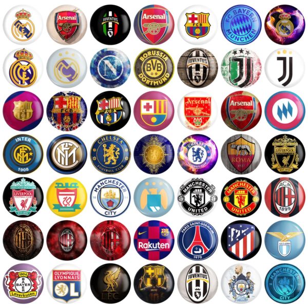 Matte Finish Pinback Buttons – Set of 49 with International Football Club Logos