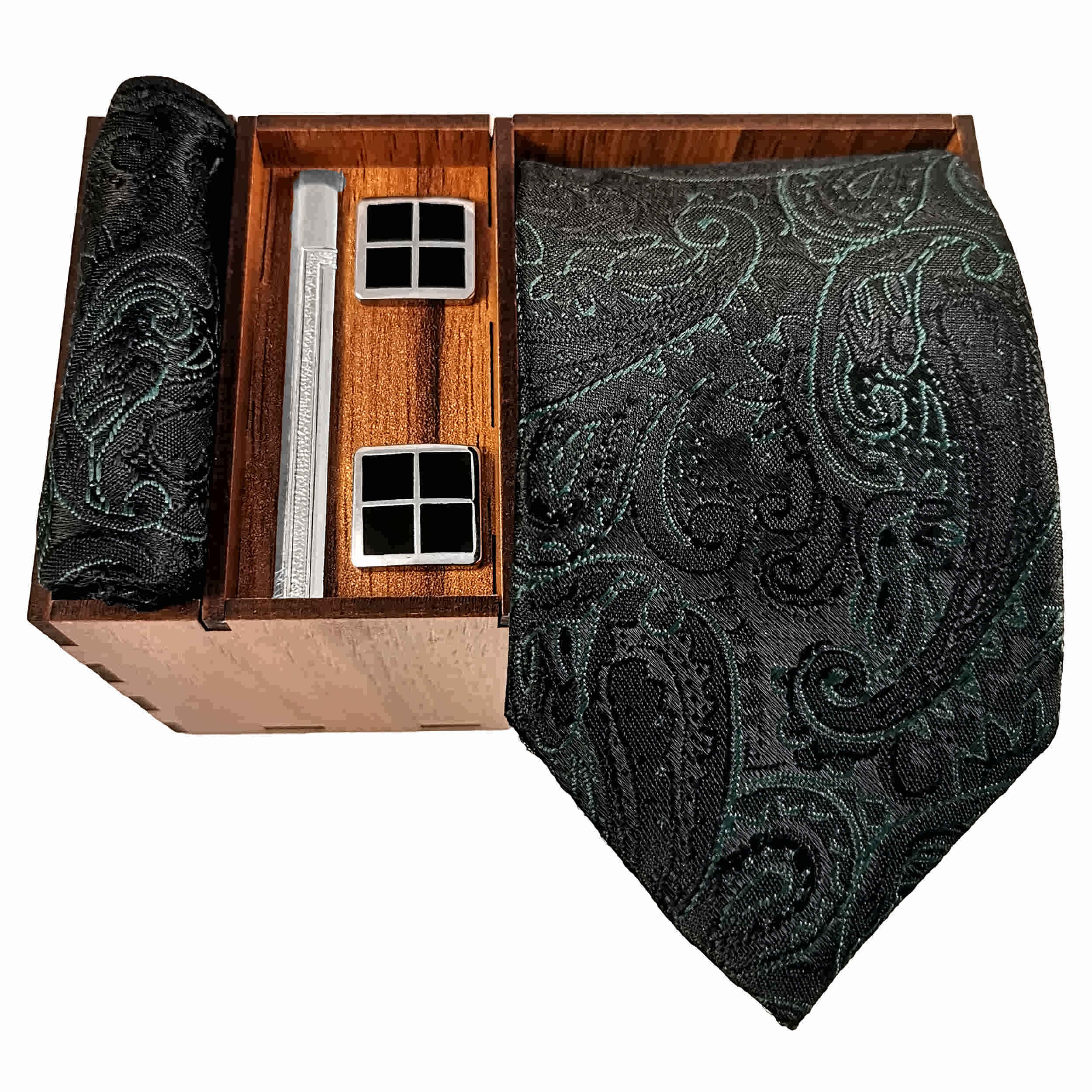 Men's Tie Set with Pocket Square, Cufflinks, and Tie Clip with Paisley Design in Dark Green
