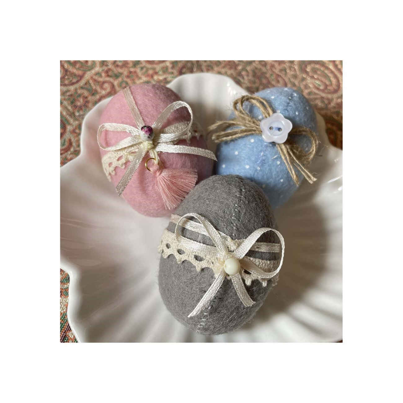 Pottery Painted Egg for Iranian Nowruz Celebration, Decorated with Ribbon (Pack of 3)