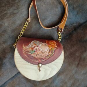 Real Leather Shoulder Bag – Wooden Body with Handcrafted Leather Engraved Door