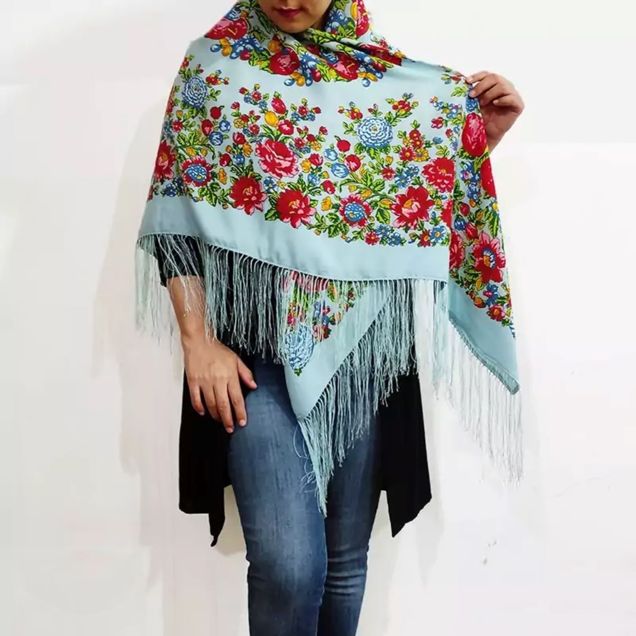 Serene Elegance Handcrafted Light Blue Turkmen Scarf – A Touch of Tradition and Tranquility