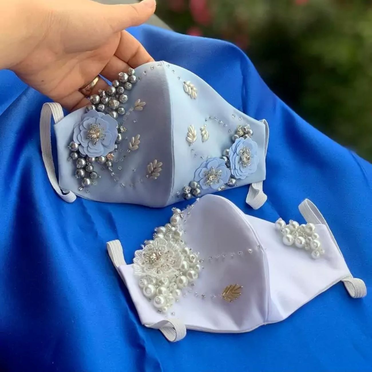 Face Mask Satin Fabric Quality, Pearls and Flowers Design