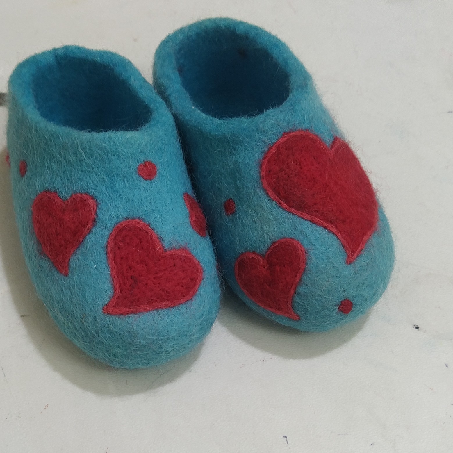 Artisan Wool Felt Slippers with Hand-Stitched Red Heart Pattern