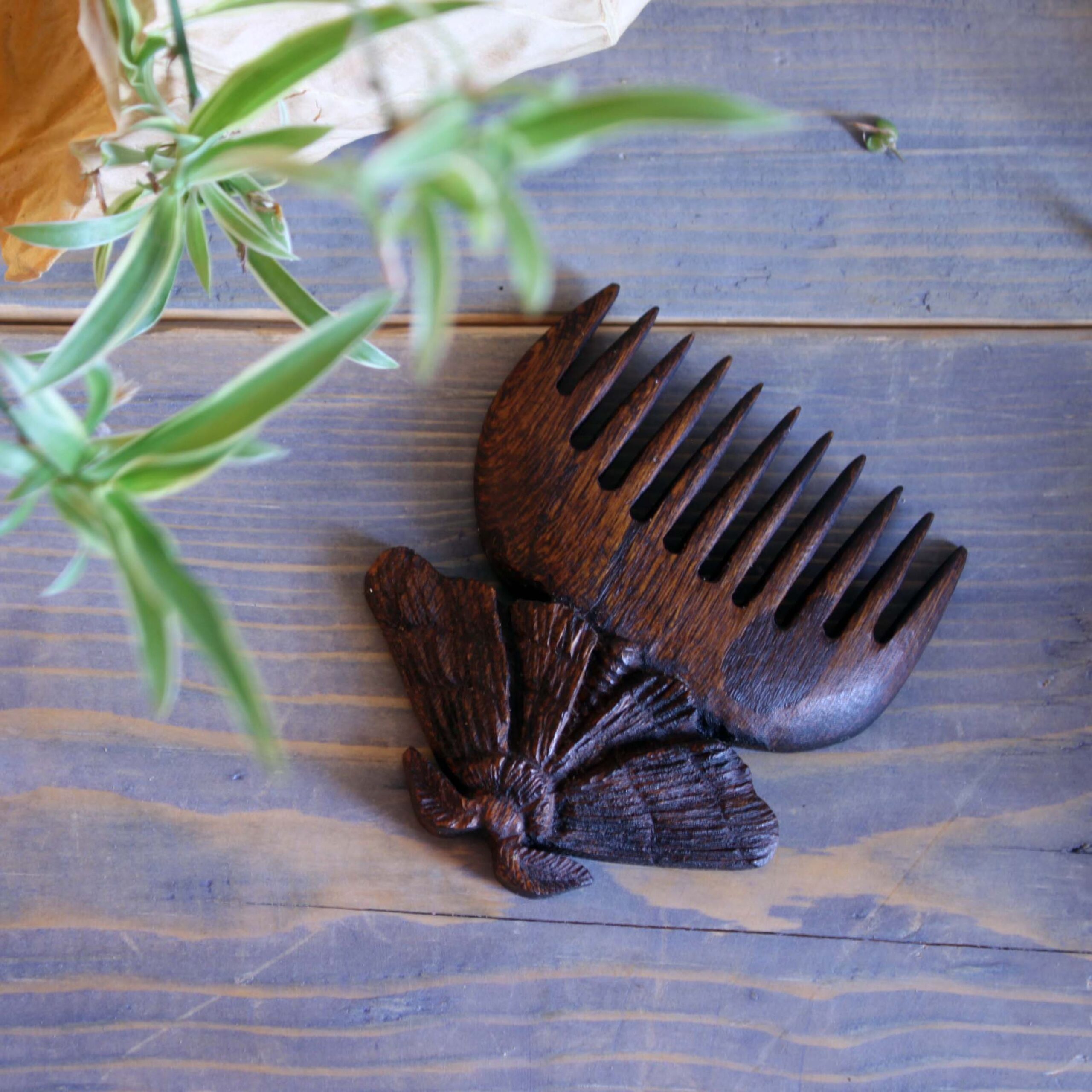 Artisanal Wooden Comb Hand-Carved with Intricate Butterfly Design