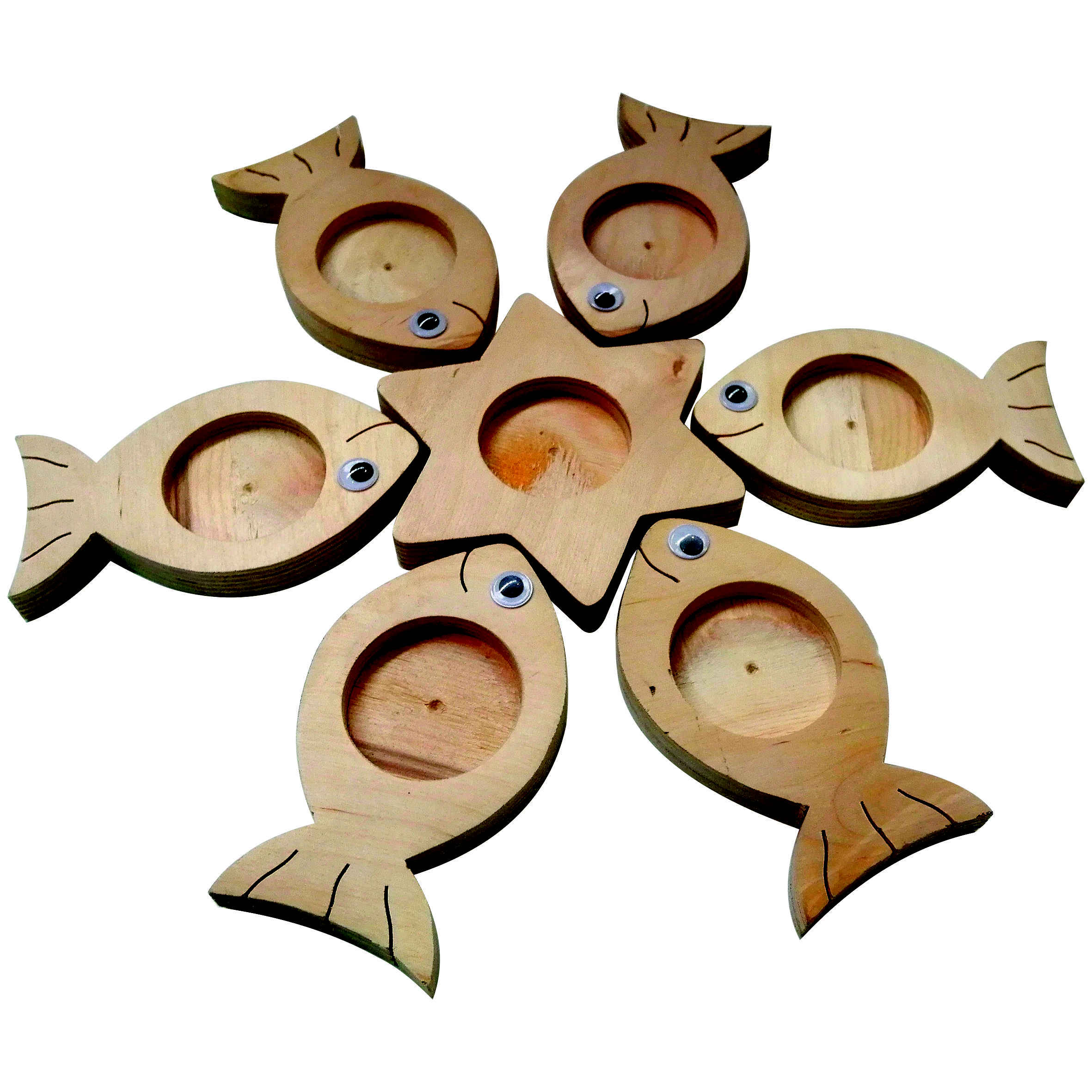 Artistic Wooden Haft Seen Set Adorned with Symbolic Fish Patterns for a Unique Nowruz Arrangement Set of 7