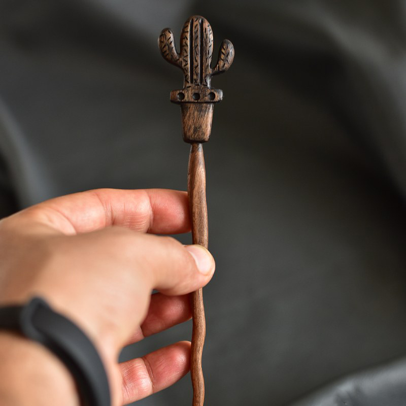 Bohemian Wooden Hair Stick – Natural Wood Hair Pin in Cactus Design