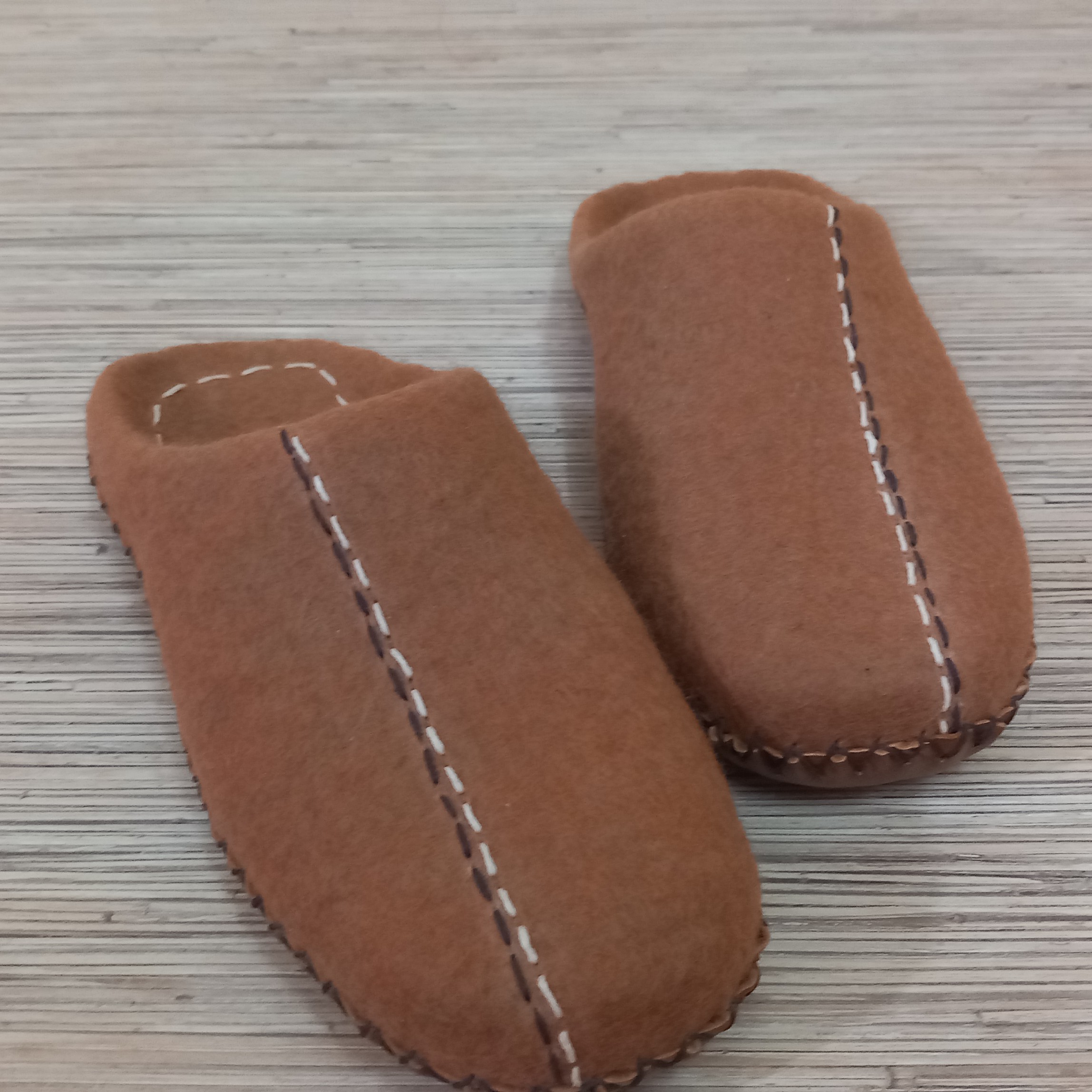 Brown Wool Felt Slippers with Handcrafted Decorative Stitching