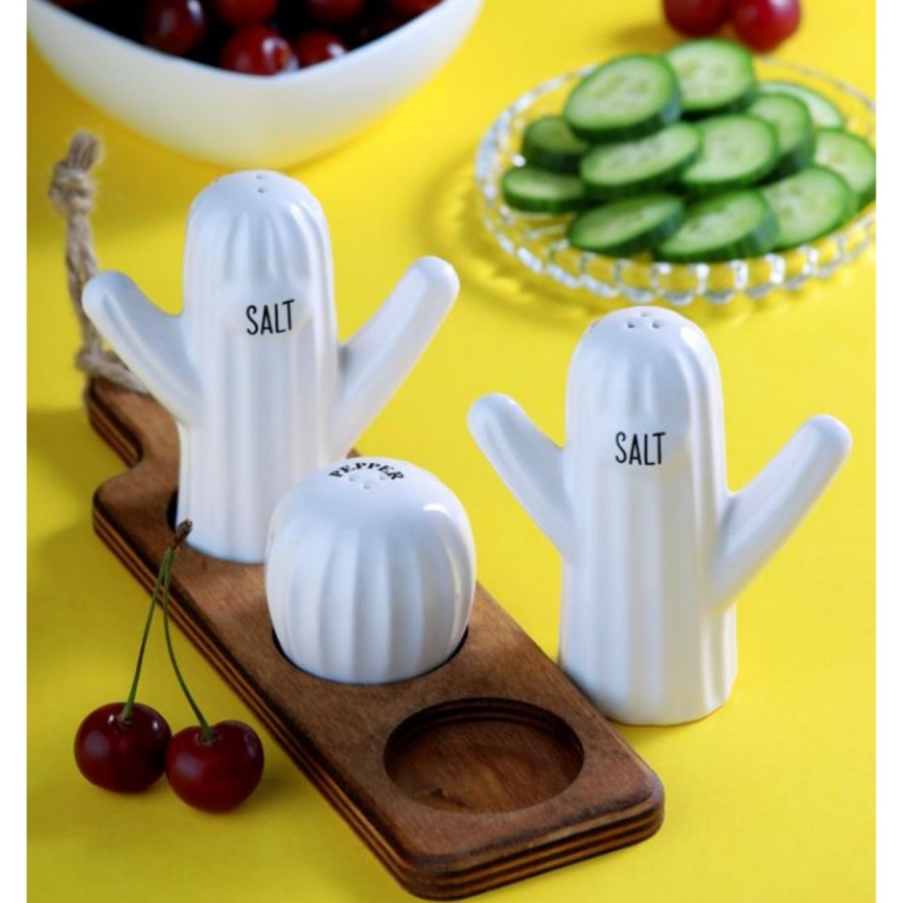 Ceramic Salt & Pepper Shakers Set with Wooden Stand – Cactus Design