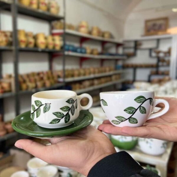 Ceramic Tea Cup and Saucer Set with Leaf Pattern