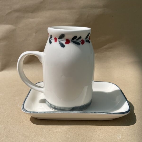 Ceramic Mug and Saucer Set, Hand-Painted Blossom & Leaf Border Pattern