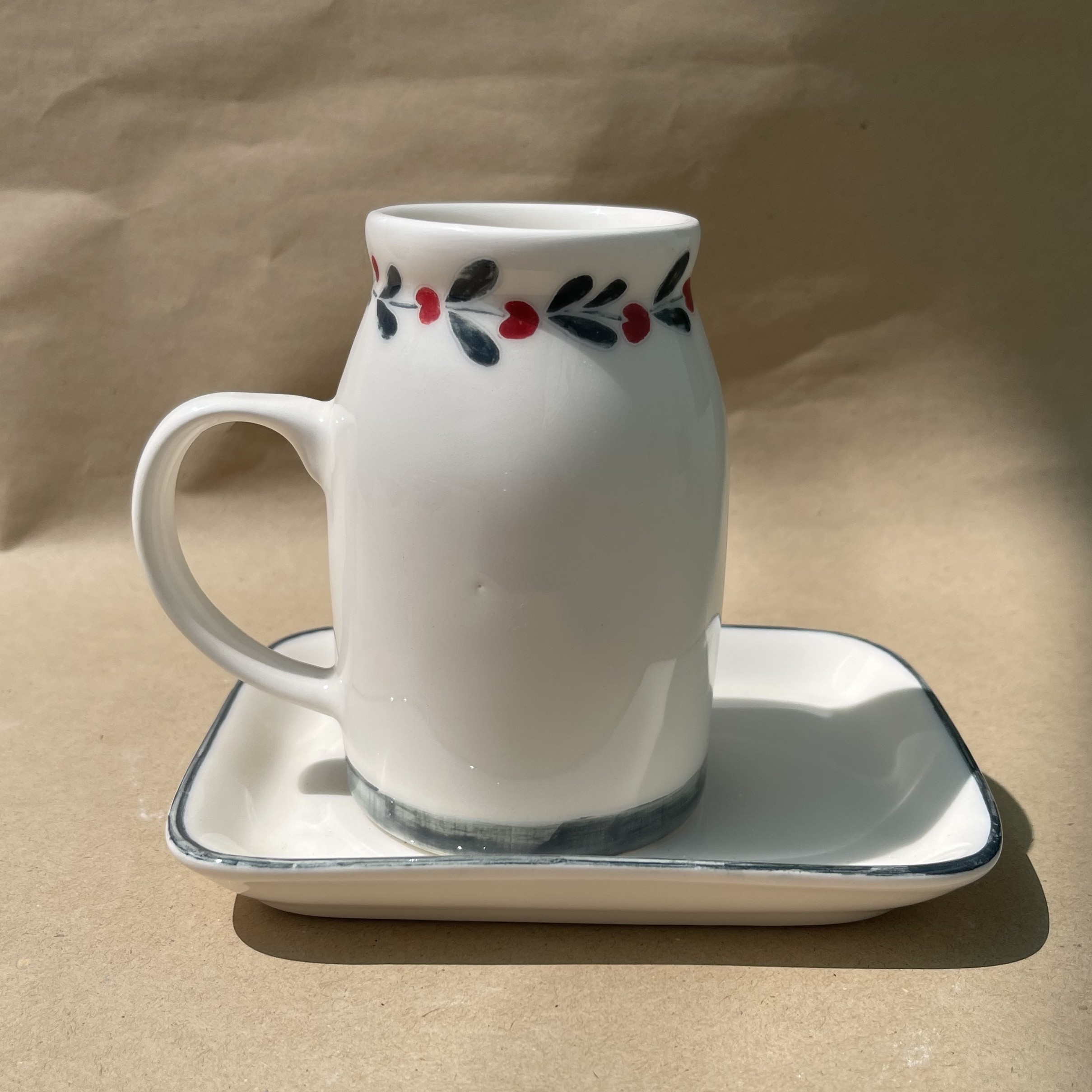 Ceramic Mug and Saucer Set, Hand-Painted Blossom & Leaf Border Pattern