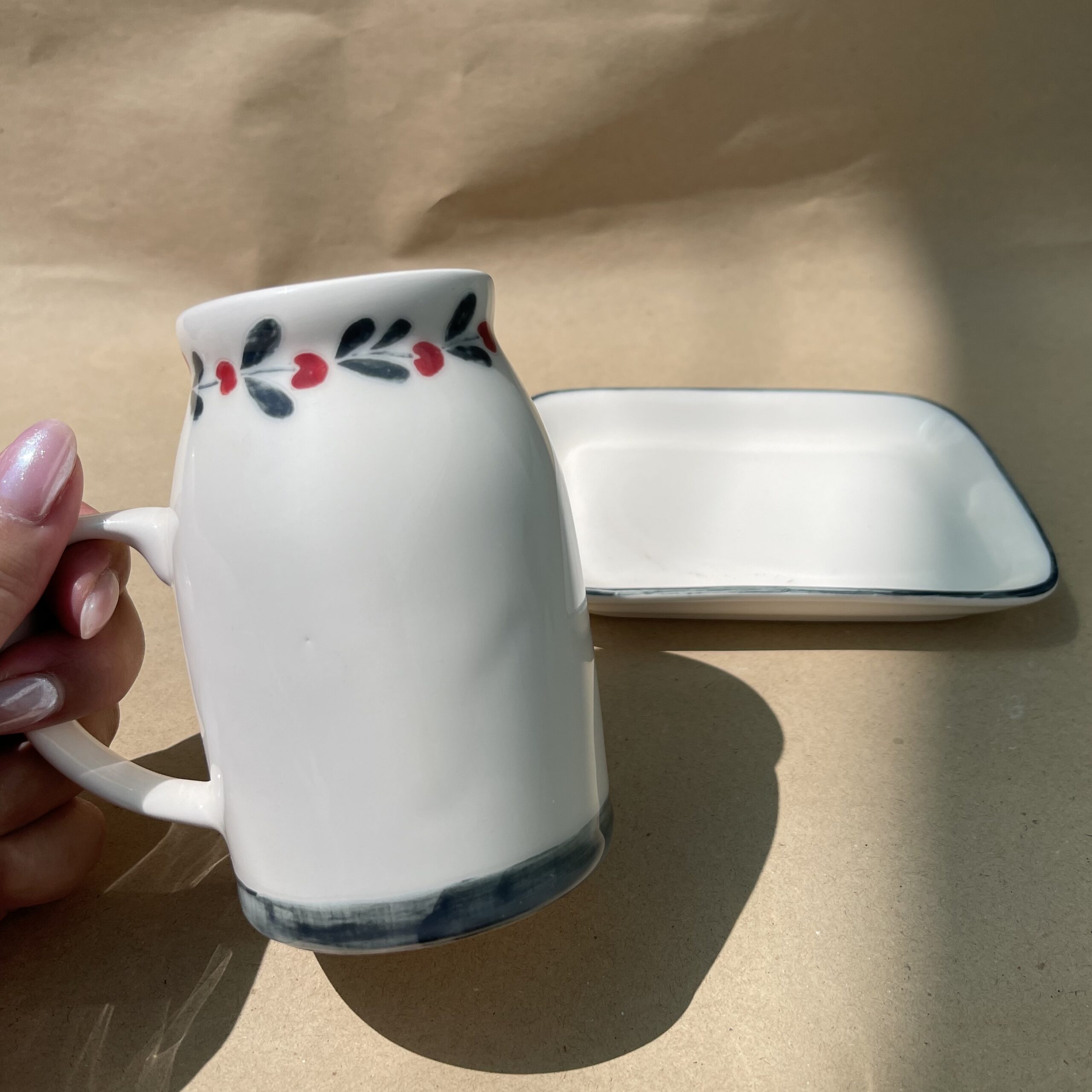 Ceramic Mug and Saucer Set, Hand-Painted Blossom & Leaf Border Pattern