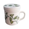 Ceramic Tea Infuser Mug with Lid, White with Hand-Painted Botanical Leaf Design, Ideal for Loose Leaf Tea and Herbal Infusion