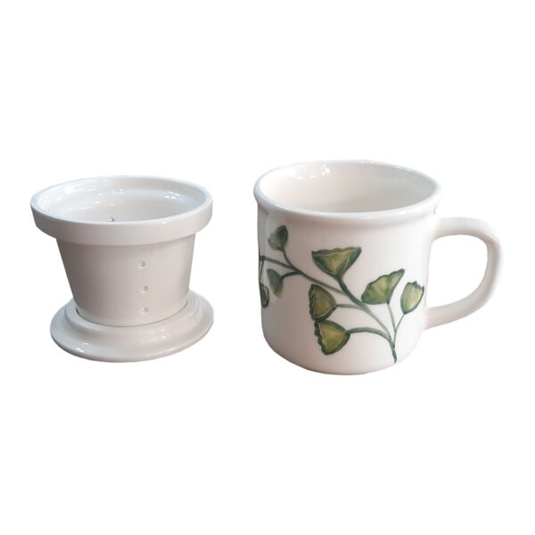 Ceramic Tea Infuser Mug with Lid, White with Hand-Painted Botanical Leaf Design, Ideal for Loose Leaf Tea and Herbal Infusion