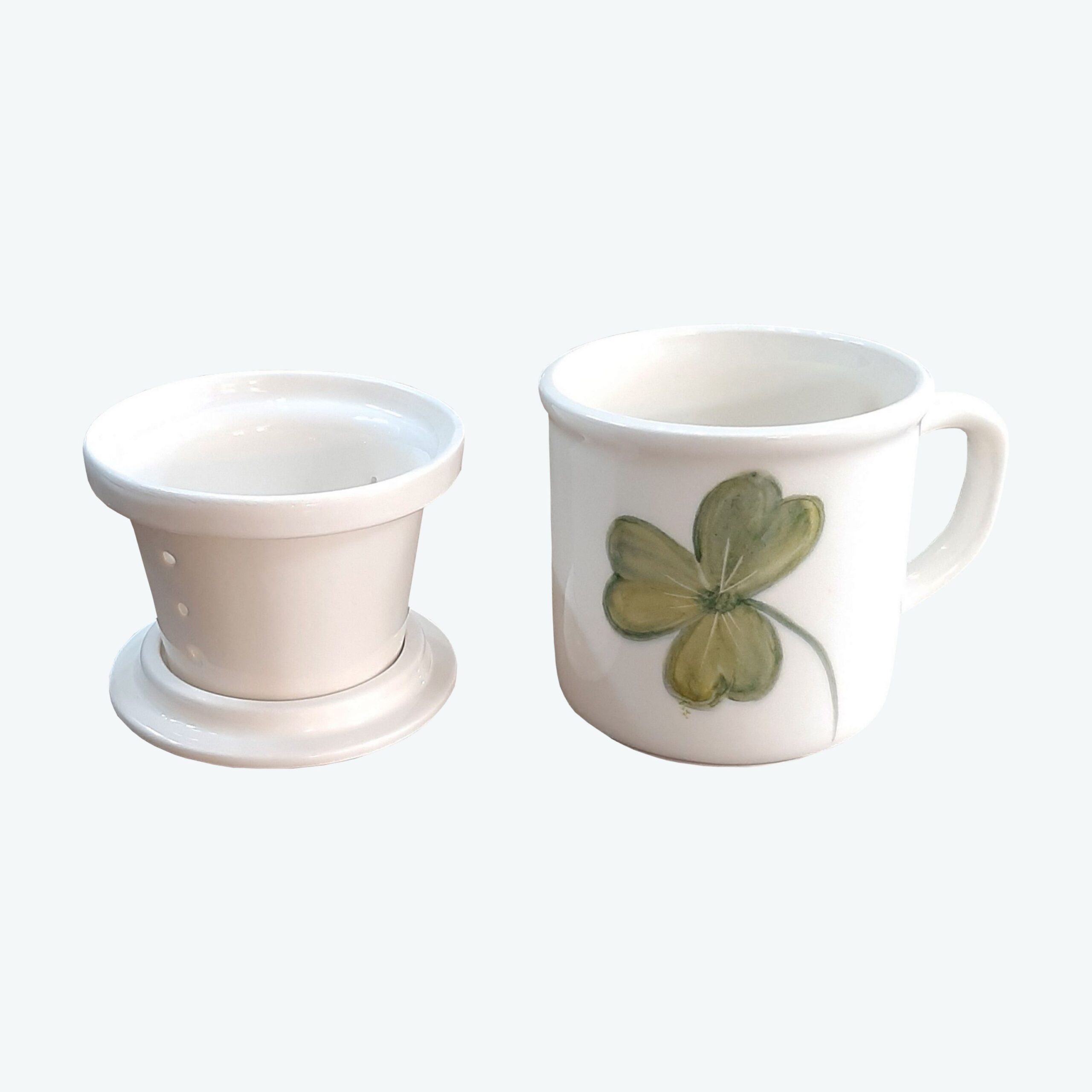 Ceramic Tea Infuser Mug with Lid, White with Hand-Painted Four-Leaf Clover Design