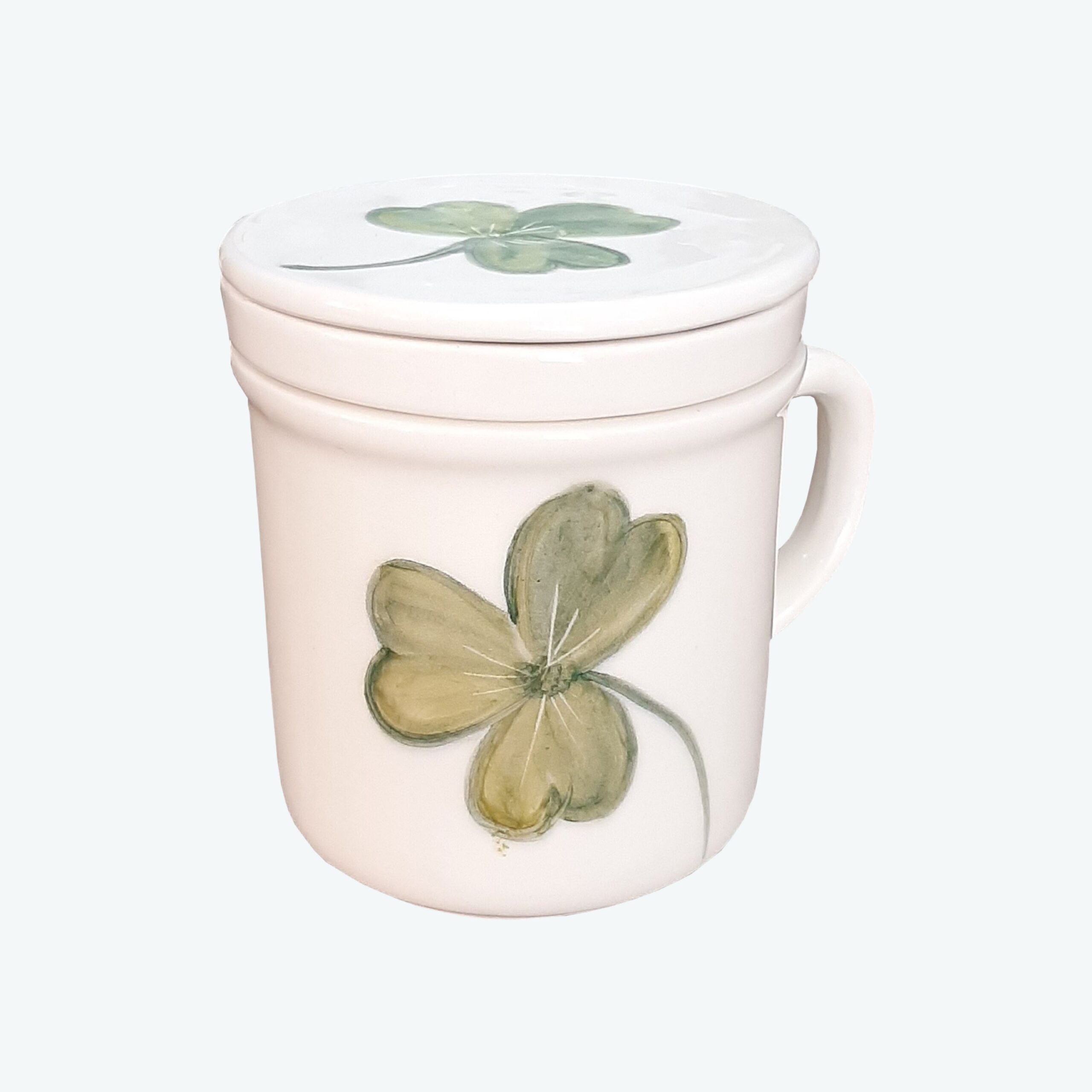 Ceramic Tea Infuser Mug with Lid, White with Hand-Painted Four-Leaf Clover Design
