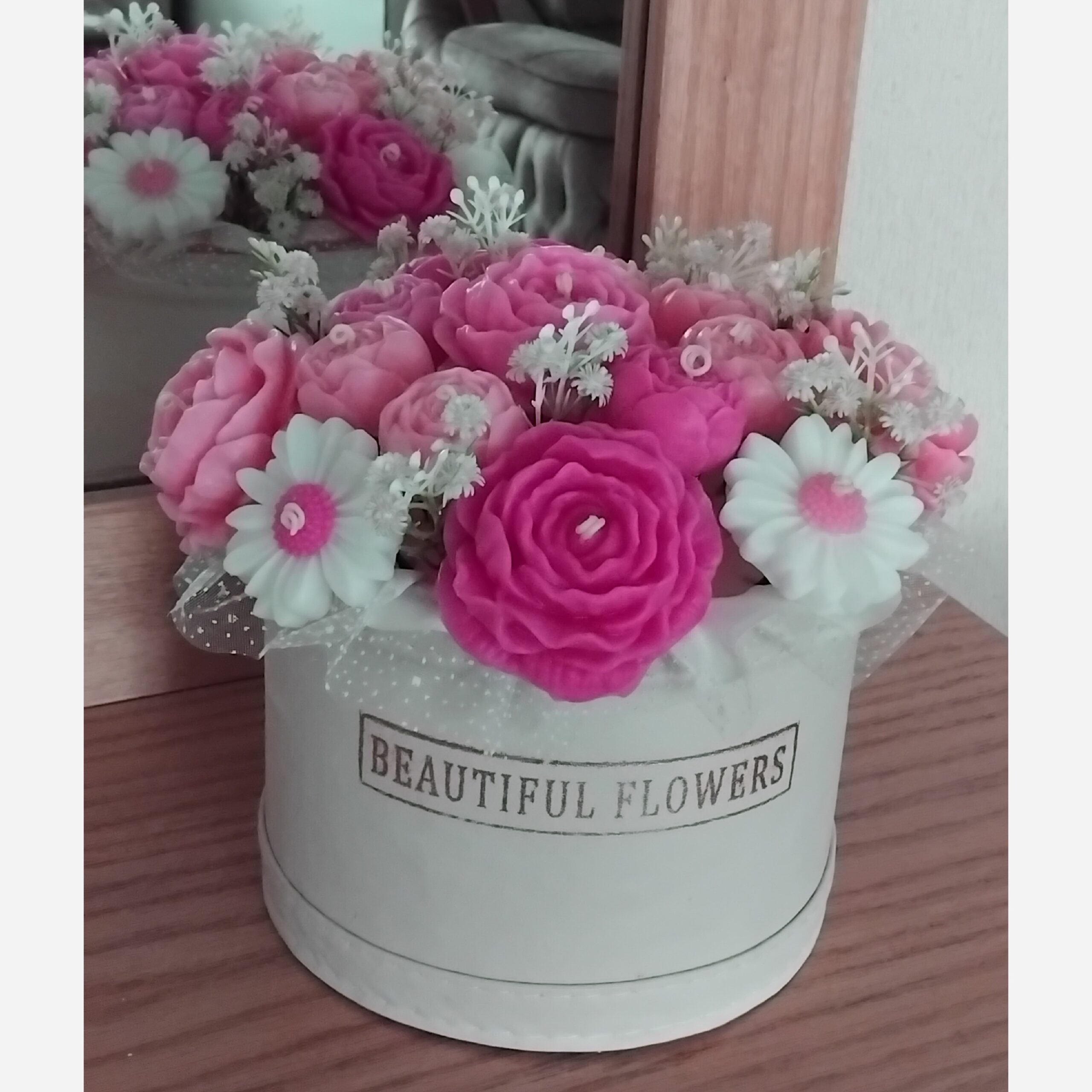 Decorative Candle Flower Box with Floral Design in Pink
