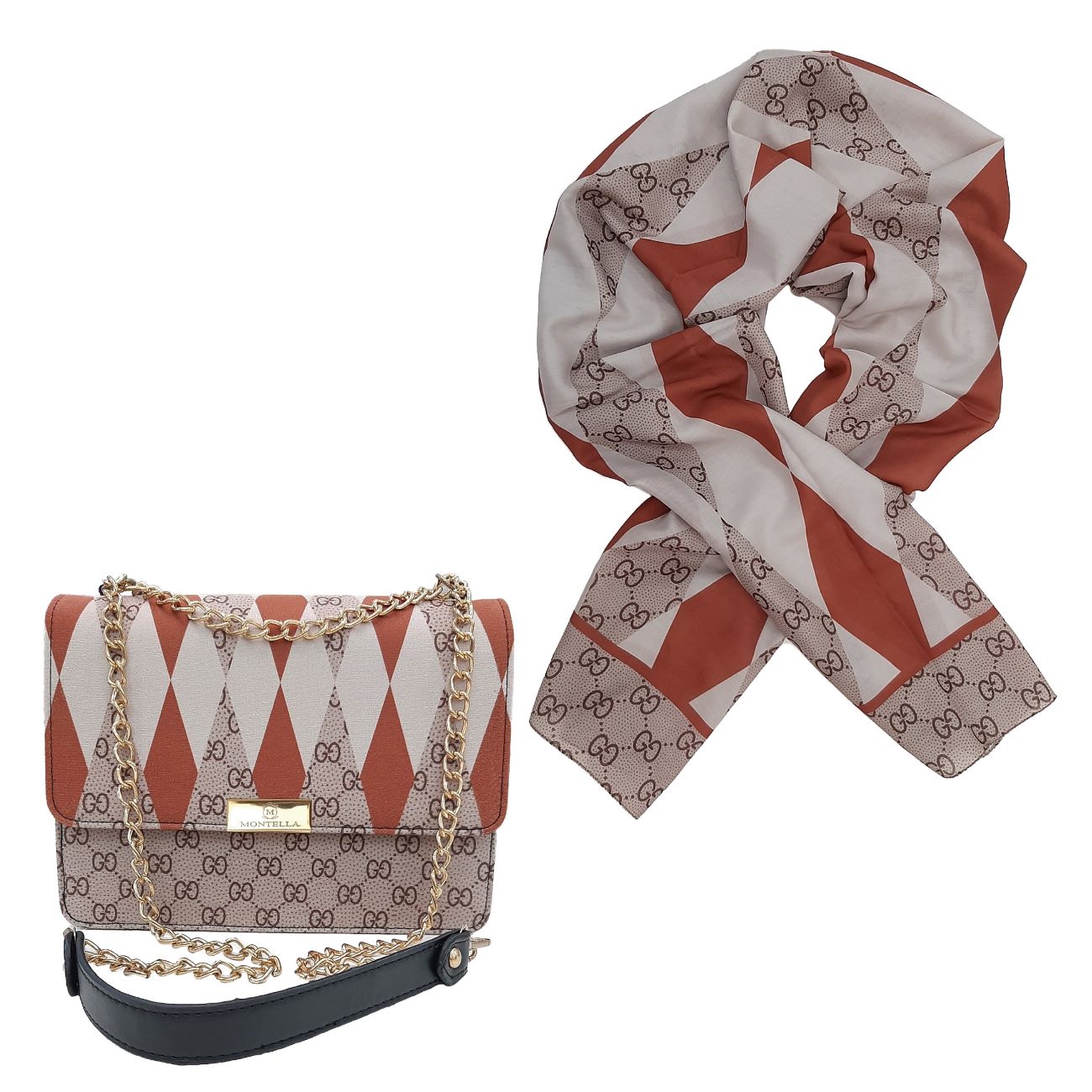 Elegant Shoulder Bag with Chain Detailing & Matching Scarf for a Perfect Outfit
