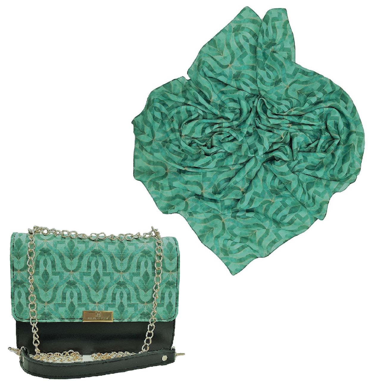 Elegant Shoulder Bag with Chain and Matching Scarf