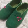 Emerald Wool Felt Slippers with Hand-Stitched Rose Pattern