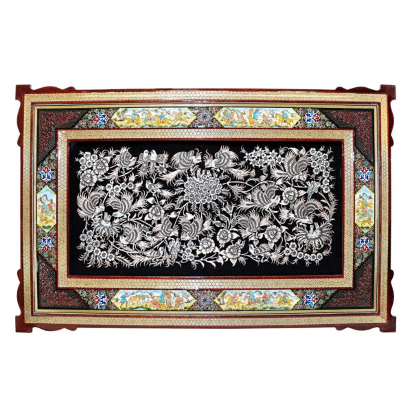 Engraved Panel Brass with Bird and Flower Design in Khatamkari Frame
