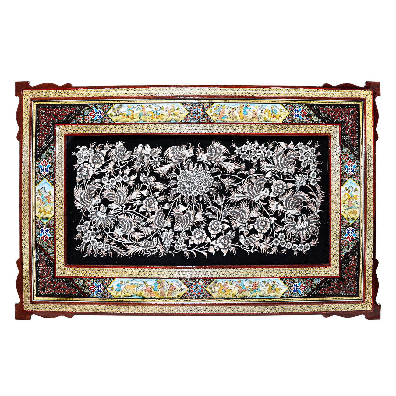 Engraved Panel Brass with Bird and Flower Design in Khatamkari Frame