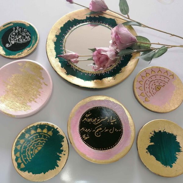 Exquisite Persian Haft Seen Tableware Featuring a Beautiful Geometric Pattern Set of 7